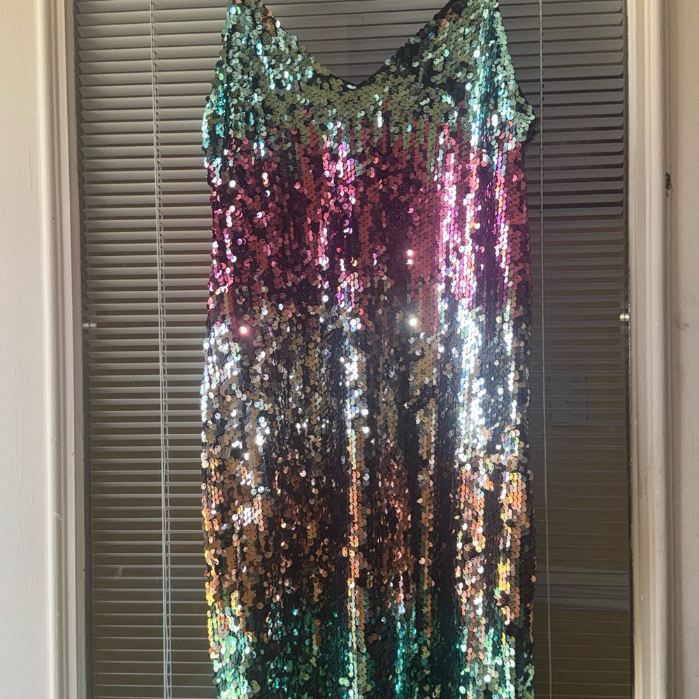 Express Green and Pink Sequin Slip Dress Midi Night Out